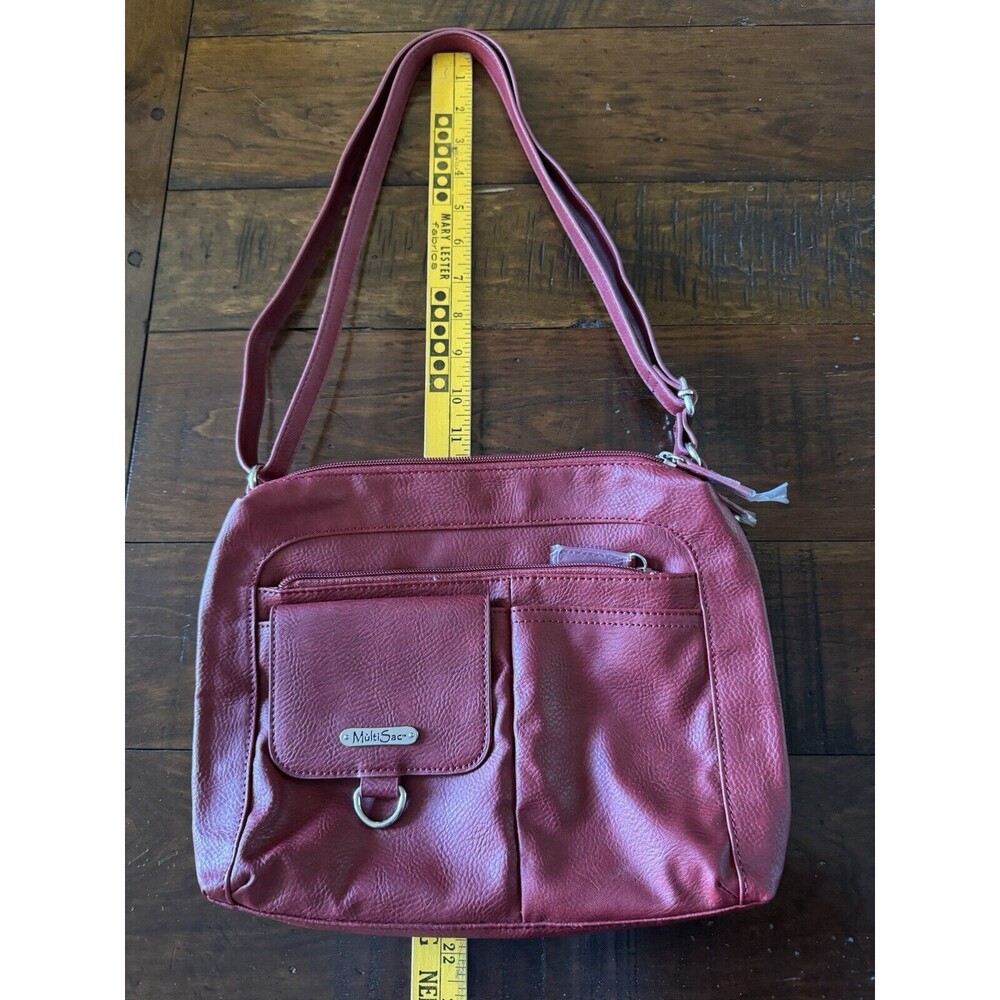 New Multi Sac Vegan Shoulder Purse Tote Red Zippers Compartments Pockets